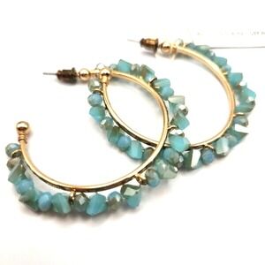 Susan Graver Goldtone Hoop Post Earrings Turquoise Glass Chips 2" Diameter